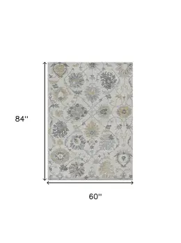 5' X 7' Ivory Yellow And Gray Wool Floral Hand Tufted Distressed Area Rug