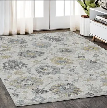 5' X 7' Ivory Yellow And Gray Wool Floral Hand Tufted Distressed Area Rug