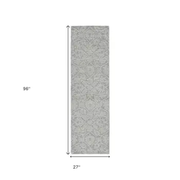 8' Grey Hand Tufted Space Dyed Floral Ogee Indoor Runner Rug