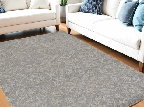 5' X 7' Gray And Light Gray Wool Floral Vines Hand Tufted Area Rug