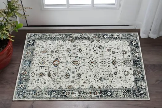 3' X 5' Gray and Ivory Floral Distressed Area Rug
