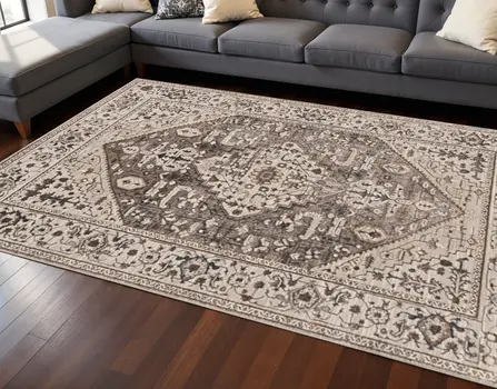 10' X 13' Ivory Gray And Brown Floral Medallion Area Rug