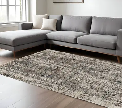 8' X 11' Gray And Tan Oriental Area Rug With Fringe