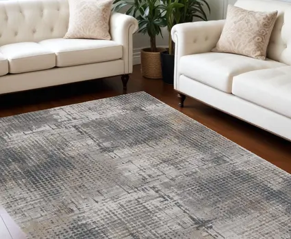 8' X 11' Ivory Navy and Gray Abstract Area Rug