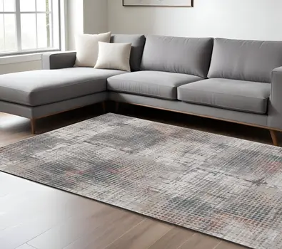 8' X 11' Ivory Gray And Gold Abstract Area Rug