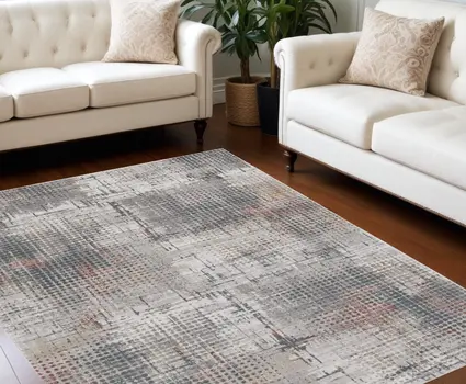 8' X 11' Ivory Gray and Gold Abstract Area Rug