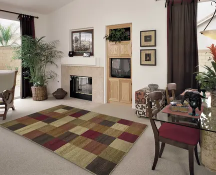 8' X 8' Cream Brown And Red Geometric Round Rug