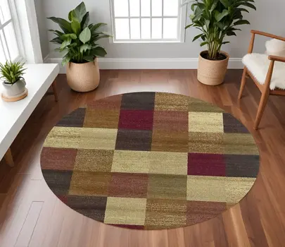 8' X 8' Cream Brown And Red Geometric Round Rug