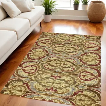 5' X 8' Gold Green and Red Floral Area Rug