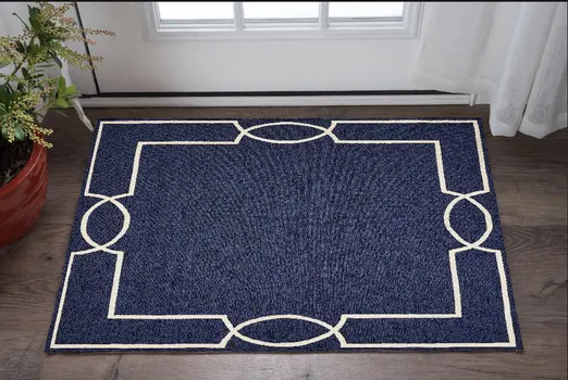 3' X 5' Blue Geometric Hand Hooked Area Rug