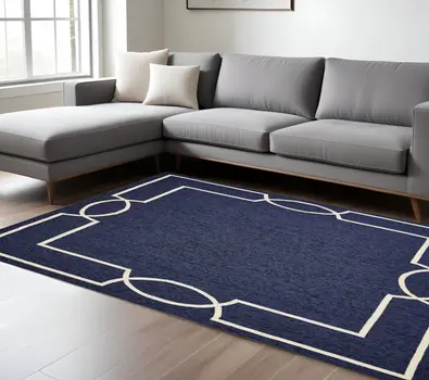 7' X 10' Navy and Ivory Geometric Hand Hooked Area Rug
