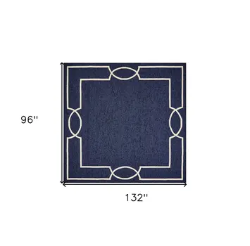 8' X 11' Navy and Ivory Geometric Hand Hooked Area Rug