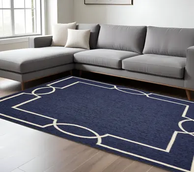8' X 11' Navy and Ivory Geometric Hand Hooked Area Rug