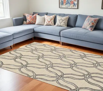 8' X 10' Beige and Silver Wool Vermicular Hand Tufted Area Rug