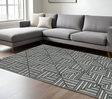 12' X 15' Beige And Charcoal Wool Geometric Hand Tufted Area Rug