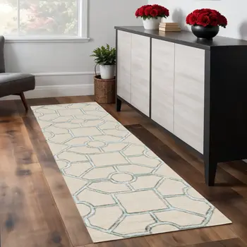 8' Beige Wool Geometric Hand Tufted Runner Rug