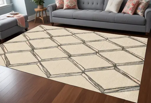 9' X 13' Cream Brown and Gray Wool Geometric Hand Tufted Area Rug