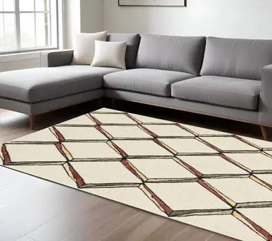 8' X 10' Beige Rust and Gold Wool Geometric Hand Tufted Area Rug