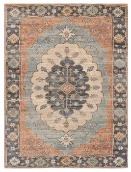 8' X 10' Blue And Orange Medallion Hand Woven Distressed Area Rug