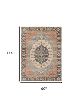 8' X 10' Blue And Orange Medallion Hand Woven Distressed Area Rug