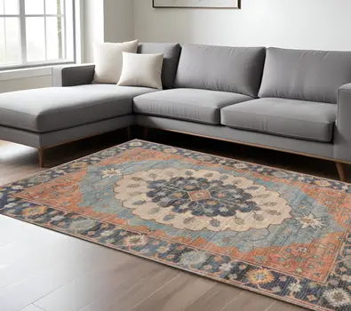 8' X 10' Blue And Orange Medallion Hand Woven Distressed Area Rug