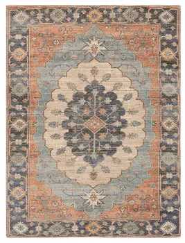 8' X 10' Blue Orange And Black Medallion Hand Woven Distressed Area Rug