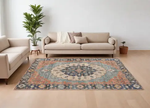 9' X 12' Blue Jute Medallion Hand Woven Area Rug