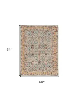 5' X 7' Green And Ivory Jute Floral Hand Woven Area Rug