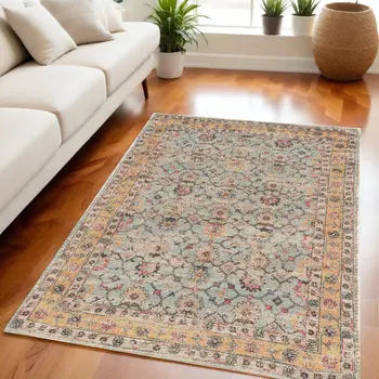 5' X 7' Green And Ivory Jute Floral Hand Woven Area Rug