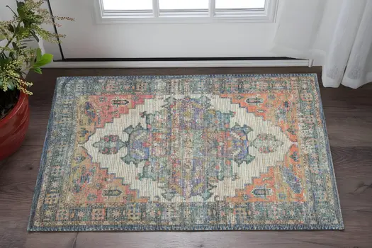 2' X 4' Blue and Ivory Medallion Hand Woven Distressed Area Rug