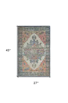 2' X 4' Blue and Ivory Medallion Hand Woven Distressed Area Rug