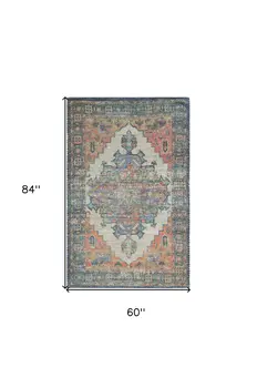 5' X 7' Orange Medallion Hand Woven Distressed Area Rug
