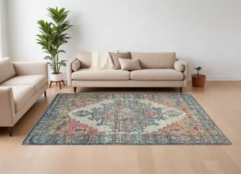 9' X 12' Blue And Orange Jute Medallion Hand Woven Area Rug
