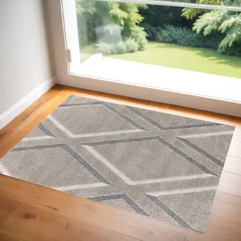 3' X 5' Gray Ivory And Teal Geometric Shag Area Rug