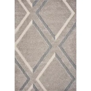 3' X 5' Gray Ivory And Teal Geometric Shag Area Rug