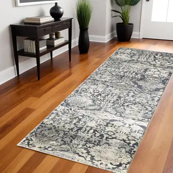 8' Gray Floral Runner Rug