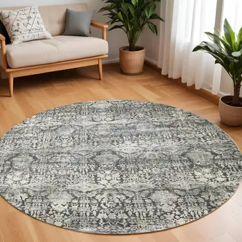 8' Light Gray And Dark Gray Abstract Distressed Round Rug