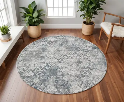 8' X 8' Ivory Gray and Teal Abstract Area Rug