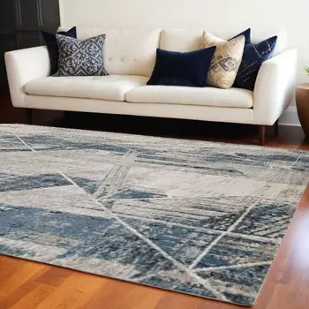 9' X 13' Blue and Gray Abstract Area Rug