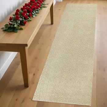 7' Ivory Jute Chevron Hand Woven Runner Rug