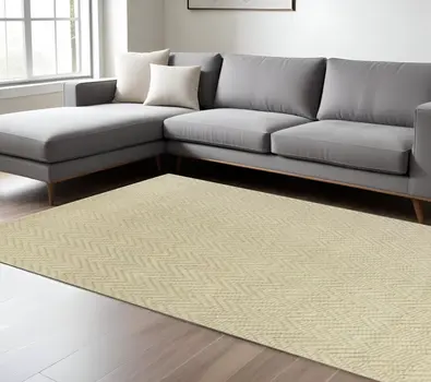 7' X 10' Ivory And Beige Jute Chevron Hand Woven Area Rug