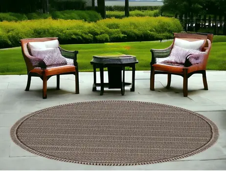 8' Brown Round Southwestern Indoor Outdoor Area Rug