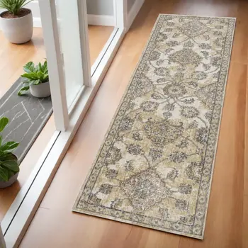 2' X 7' Ivory Sand Floral Vine Wool Indoor Runner Rug
