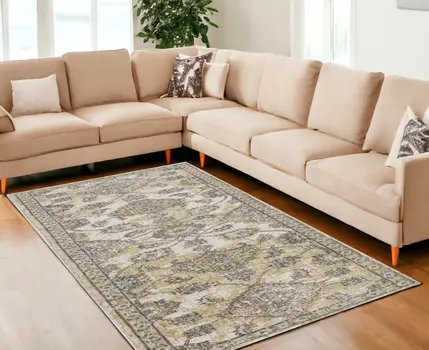9' X 13' Ivory Beige And Gray Wool Floral Area Rug
