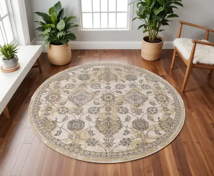 9' Ivory Round Wool Floral Vines Area Rug