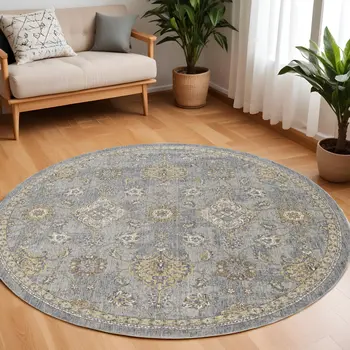 9' Sage Orange And Gray Wool Floral Distressed Round Rug