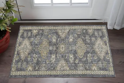 3' X 5' Slate Gray Wool Floral Vines Area Rug