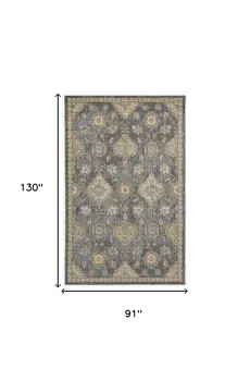 8' X 11' Gray And Gold Wool Floral Distressed Area Rug