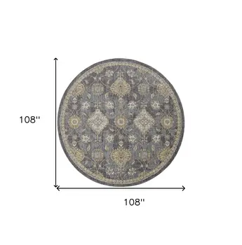 9' Gray And Gold Wool Floral Vines Distressed Round Rug