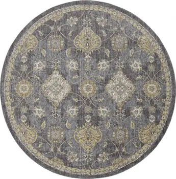 9' Gray And Gold Wool Floral Vines Distressed Round Rug